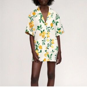 ZARA Lara Dress Lemon Citrus Novelty Print Linen Oversized Shirt Dress Size XL